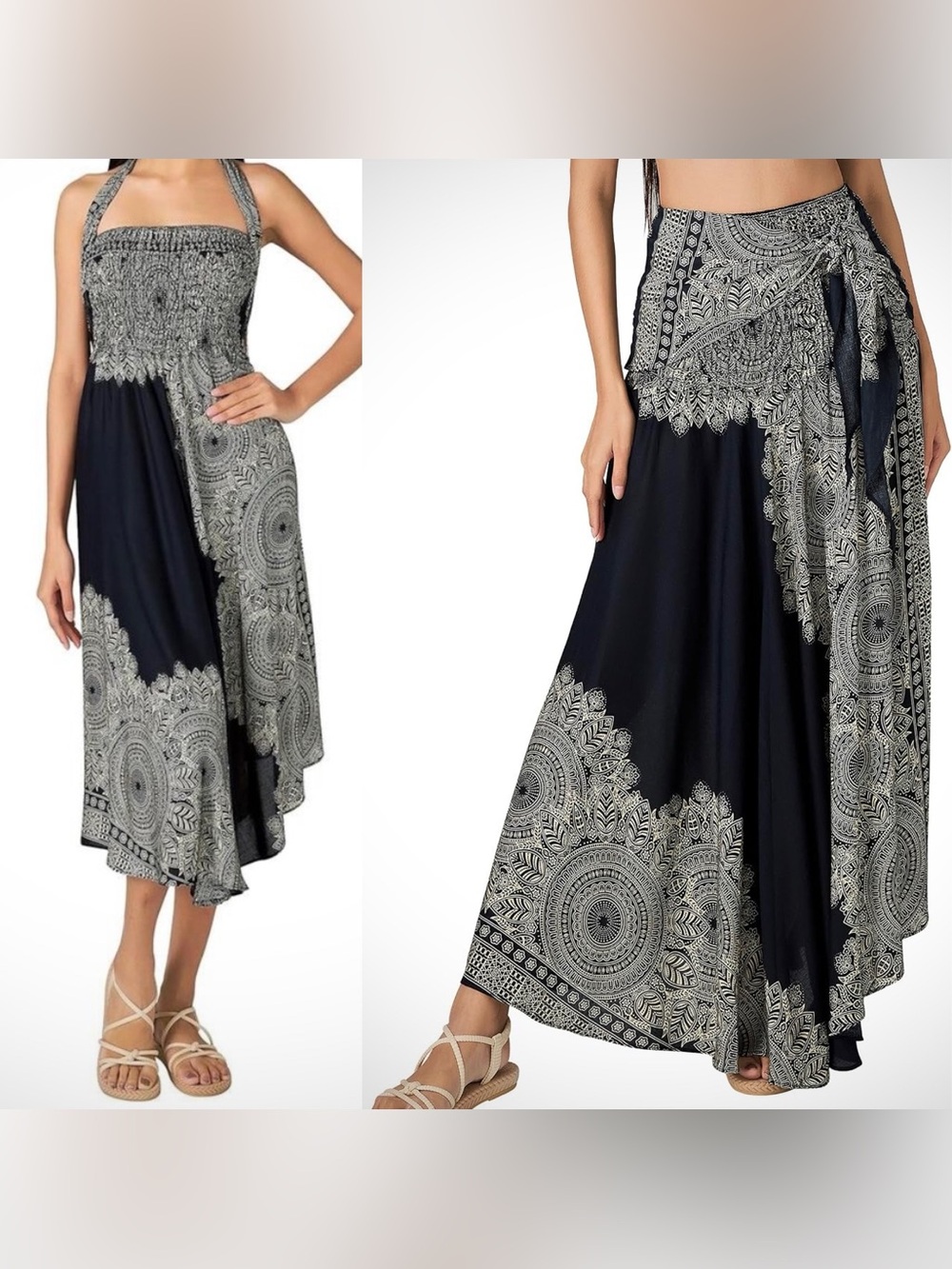 2-in-1 Boho Maxi Skirt Strapless Midi Dress Smocked Black White Festival Hippie